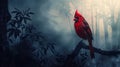 A red cardinal is sitting on a branch in the woods Royalty Free Stock Photo