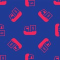 Red Cargo ship with boxes delivery service icon isolated seamless pattern on blue background. Delivery, transportation Royalty Free Stock Photo