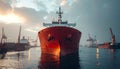 Red Cargo Ship Docked at Busy Port with Industrial Cranes Under Dramatic Sky Royalty Free Stock Photo
