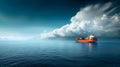 Red Cargo Ship Floating in Ocean with Dramatic Skies Royalty Free Stock Photo