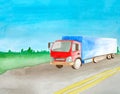 The red cargo tractor imports cargoes on an asphalt gray road with two continuous lanes. Watercolor. Copy space. Background Royalty Free Stock Photo