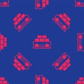 Red Cargo train wagon icon isolated seamless pattern on blue background. Full freight car. Railroad transportation Royalty Free Stock Photo