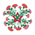 Red carnation bouquet with Saint George ribbon and soviet star to 9 May Victory Day Russian national holiday celebration greeting