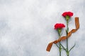 Red carnations and St. George ribbon on a concrete background. Symbol may 9, victory day Copy space Royalty Free Stock Photo