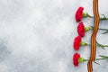 Red carnations and St. George ribbon on a concrete background. Symbol may 9, victory day Copy space Royalty Free Stock Photo