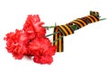 Red carnations with St. George`s ribbon isolated on white background. May 9 day of victory in the great Patriotic war of 1941-194 Royalty Free Stock Photo