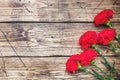 Red carnations on wooden background with copy space. Mother`s Day card, Valentine`s day Royalty Free Stock Photo