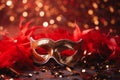 Red carnival mask. Streamers and confetti on colorful background. Carnival masquerade fantasy costume ball. Generative
