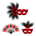 Red carnival venetian mask, masquerade feather fan, isolated on white background Royalty Free Stock Photo