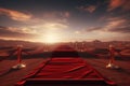 Red carpet in the desert at sunset. 3d render image, empty Red carpet, AI Generated