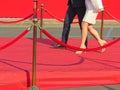 Red carpet entrance with golden stanchions and ropes. Celebrity nominees to premiere. Stars on the festive awarding of prizes Royalty Free Stock Photo