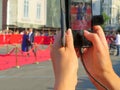 Red carpet entrance with golden stanchions and ropes. Celebrity nominees to premiere. Stars on the festive awarding of prizes Royalty Free Stock Photo