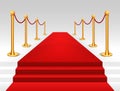 Red carpet event golden barriers background and stairs realistic vector illustration. Red carpet luxury entrance celebrity event