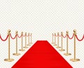 Red carpet and golden barriers realistic isolated on transparent background. Vector Royalty Free Stock Photo