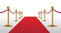 Red carpet and golden barriers realistic vector. VIP event, luxury celebration. Celebrity party entrance. Grand opening cinema Royalty Free Stock Photo