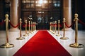 Red carpet with golden barriers and red ropes. Marking the route for celebrities, heads of state on ceremonial events, formal