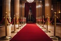 Red carpet with golden barriers and red ropes. Marking the route for celebrities, heads of state on ceremonial events, formal