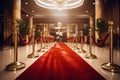 Red carpet with golden barriers and red ropes. Marking the route for celebrities, heads of state on ceremonial events, formal