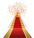 Red carpet, golden gift box with confetti