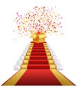 Red carpet, golden gift box with confetti