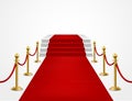 Red carpet. Grand opening, golden metal barriers and red carpet with podium for vip event, presentation celebrity awards Royalty Free Stock Photo