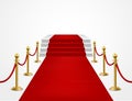 Red carpet. Grand opening, golden metal barriers and red carpet with podium for vip event, presentation celebrity awards vector Royalty Free Stock Photo