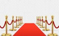 Red carpet. isolated empty red with gold stanchions. Concert barriers, vip celebrity event entrance. For awards or show