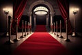 a red carpet leading to the entrance of a glamorous movie premiere.