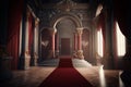 Red carpet leading to a king thrones inside of the palace castle. Generative ai