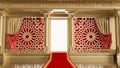 Red carpet leading to an open shaining door with arabesque style,