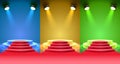 Red carpet podium room, show platform scene, studio presentation, color set. Vector