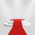 Red carpet and podium. White round pedestal with stairs on background. Stage for winners and award ceremony Royalty Free Stock Photo