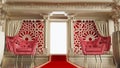 Red carpet between 2 red armchair leading to an open shaining door with arabesque style,