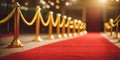 Red carpet rolling out in front of glamorous movie premiere background. Red Carpet hallway with barriers and red ropes, Generative Royalty Free Stock Photo