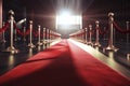 red carpet rolling out in front of glamorous movie premiere with paparazzi in the background