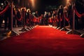 red carpet rolling out in front of glamorous movie premiere with paparazzi in the background