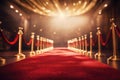Red carpet rolling out in front of glamorous movie Presentation, Red carpet with red carpet on dark city background, 3D rendering