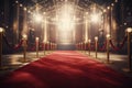 Red carpet rolling out in front of glamorous movie Presentation, Red carpet with red carpet in luxury hotel. 3D Rendering, AI