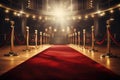Red carpet rolling out in front of glamorous movie Presentation, Red carpet with red carpet in luxury hotel. 3D Rendering, AI