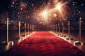 Red carpet rolling out in front of glamorous movie Presentation, Red carpet with red carpet in luxury hotel. 3D Rendering, AI