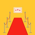 Red carpet and rope barrier golden stanchions turnstile Movie premiere ticket with stars. template Yellow background. Fla Royalty Free Stock Photo