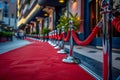 Red carpet and red rope barrier at VIP event. Concept VIP Event, Red Carpet, Exclusivity, Luxury, Royalty Free Stock Photo