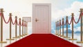 Red carpet and rope barriers leading to the door with blue sky and clouds background. 3D illustration Royalty Free Stock Photo