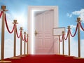 Red carpet and rope barriers leading to the door with blue sky and clouds background. 3D illustration Royalty Free Stock Photo