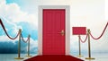 Red carpet and rope barriers leading to the door with blue sky and clouds background. 3D illustration Royalty Free Stock Photo