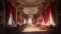 Red carpet in royal palace interior, 3d rendering. Computer digital drawing.