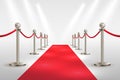 Red carpet and silver barriers realistic vector. VIP event, luxury celebration. Celebrity party entrance. Grand opening cinema