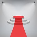 Red carpet on a Stage Podium For Award with lights effect. White round Stage with stairs. Pedestal for winners. Vector