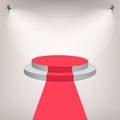 Red carpet on a Stage Podium For Award with lights effect. White round Stage with stairs. Pedestal for winners. Vector