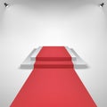 Red carpet on a Stage Podium For Award with lights effect. White Stage with stairs. Pedestal for winners. Vector